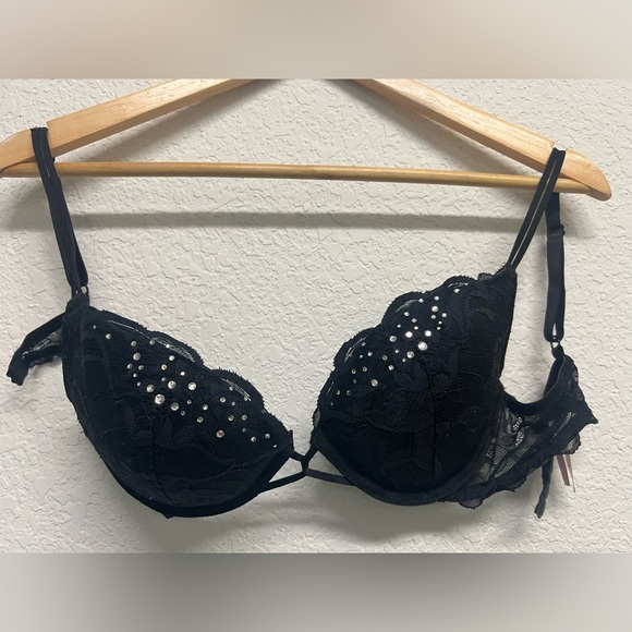 Victorias Secret Very Sexy Black Lace Rhinestone Bra Padded Push Up Vintage 34C - Picture 2 of 10